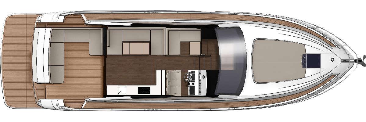 Top view of a modern yacht interior featuring a kitchen area, seating, and a spacious layout with wooden flooring.